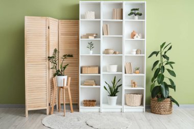 Ev bitkisi, katlanan ekran ve yeşil duvarın yanındaki raf ünitesi.