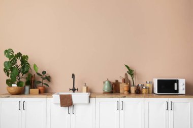 Mutfak tezgahları bej duvarın yanında lavabo, çatal bıçak ve bitkilerle dolu.