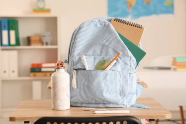 Okul kırtasiyesiyle çizgili sırt çantası ve masada su şişesi.