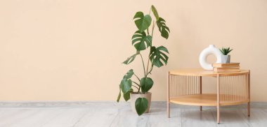 Bej duvarın yanında ev bitkileri olan ahşap masa. Tasarım için pankart