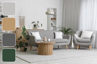 Gri kanepesi, koltuğu ve bitkilerle dolu ahşap masası olan aydınlık oturma odasının içi. Farklı renk desenleri