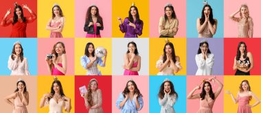 Şık balo elbiseleri ve renkli arka planda taçlar giyen bir grup güzel genç kadın.