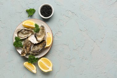 Lezzetli istiridye tabağı ve gri arka planda siyah havyar.