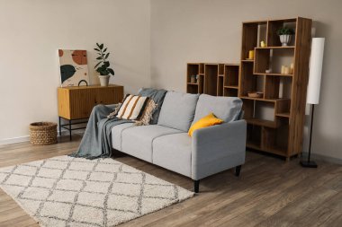 Oturma odasında, raflar ve halı döşenmiş rahat gri bir kanepe.