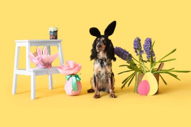 Tatlı cocker spaniel tavşan kulaklı Paskalya pastası, hediye yumurtası ve sarı arka planda güzel çiçekler.