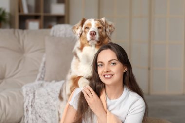 Yumuşak tüylü Avustralya çoban köpeği olan bir kadın oturma odasında.