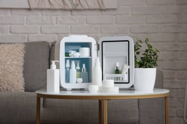 Küçük buzdolabı, kozmetik ürünleri ve saksıdaki saksı oturma odasında.