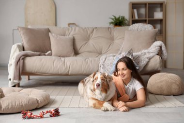 Hoş, tüylü Avustralyalı çoban köpeği olan genç ve güzel bir kadın oturma odasında.