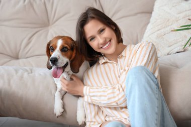 Evdeki kanepede Beagle köpeği olan genç bir kadın.