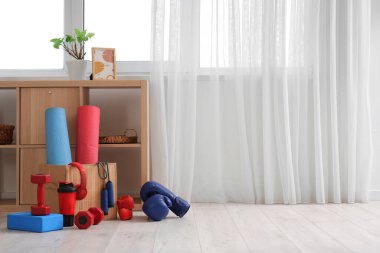 Ahşap kutu, raf ünitesi ve oturma odasındaki farklı spor aletleri.