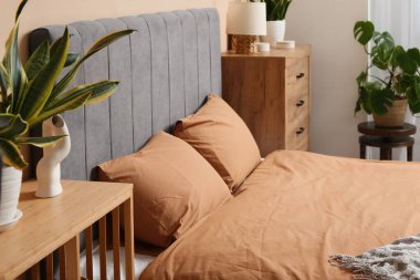 Yatak odasında yastıklı büyük bir yatak.