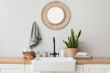 Farklı banyo aksesuarları ve banyo duvarının yanındaki ev bitkisi.