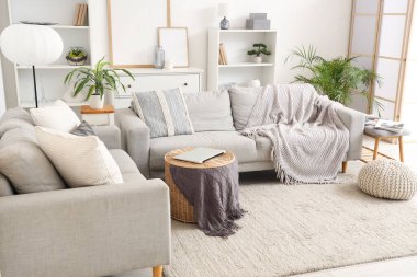 Gri kanepeleri ve raf üniteleriyle aydınlık oturma odasının içinde.