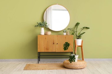 Dekorlu çekmeceler, ev bitkileri ve odadaki yeşil duvardaki ayna.