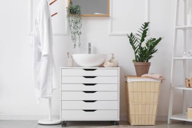 Banyo aksesuarlı lavabo, çekmece, ev bitkisi ve banyoda bornoz.