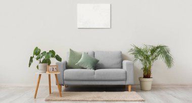 Şık gri kanepe, ev bitkileri ve oturma odasındaki duvarda asılı resim.