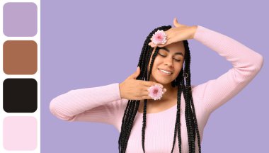 Mor arka planda kasımpatı çiçekleri olan güzel bir Afro-Amerikalı kadın.