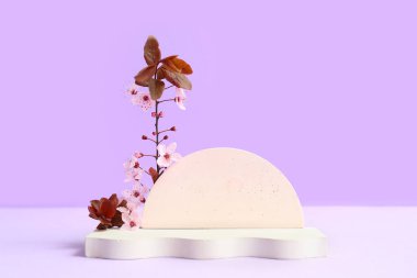 Eflatun arka planda dekoratif podyumlar ve çiçek açan şubeler