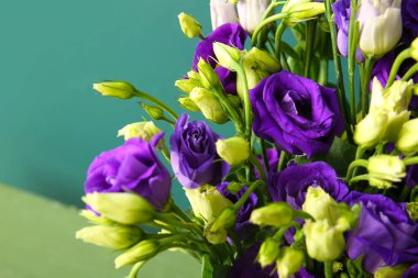 Yeşil arka planda Eustoma çiçekleri olan vazo