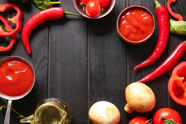 Koyu ahşap arka planda pizza hazırlamak için taze malzemelerden yapılmış çerçeve.