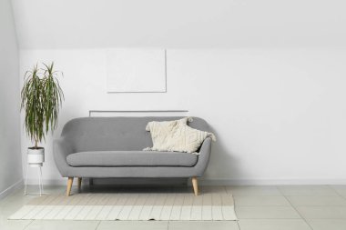 Yastıklı şık gri kanepe ve oturma odasındaki aydınlık duvarın yanındaki çiçek.