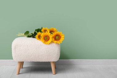 Yeşil duvarın yanında güzel ayçiçekleri olan bankta.