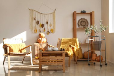 Ahşap mobilyalar, koltuklar ve balkabaklarıyla şık bir oturma odası.