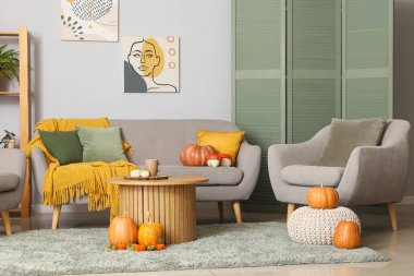 Gri koltuklu, koltuklu, kahve masalı ve balkabaklı modern oturma odasının içi.