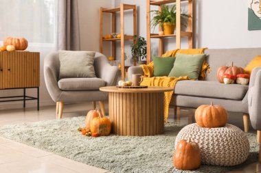 Gri kanepesi, koltuğu, kahve masası ve balkabağı olan modern oturma odasının içi.