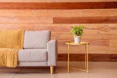 Oturma odasının içinde gri kanepe ve masa üzerinde bitki var.