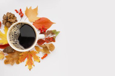 Sonbahar yapraklı bir fincan kahve ve beyaz arka planda doğal orman dekoru.