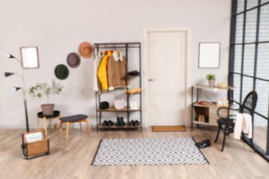 Paltosu ve kapısı olan şık salonun bulanık manzarası