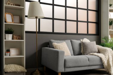 Gri kanepeli modern oturma odasının şık bir iç mekanı.