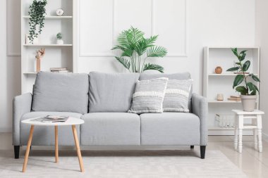 Kanepe, masa ve raf üniteleriyle aydınlık oturma odasının içinde.