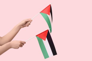 Pembe arka planda Filistin bayrakları olan kadın eller.