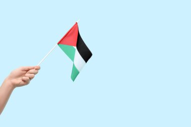 Mavi arka planda Filistin bayrağı taşıyan bir kadın el.
