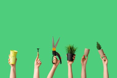 Farklı bahçe aletlerine sahip kadın elleri ve yeşil arka planda bitkiler