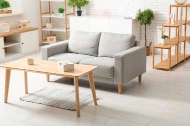 Gri rahat kanepesi ve kahve masası olan modern oturma odası.