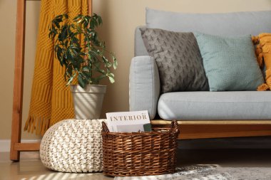 Kanepesi, yastıkları, çiçekleri ve dergileri olan şık bir oturma odası.