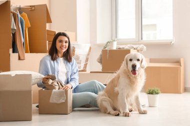 Genç, mutlu bir kadın ve taşınma gününde kutuları olan sevimli Labrador köpeği evde oturuyor.