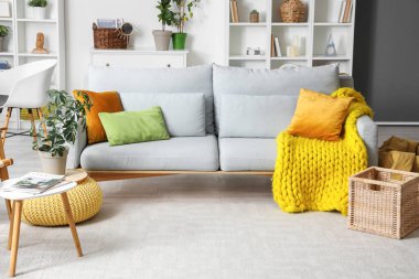 Oturma odasında yastıklı ve ekoseli gri kanepe.