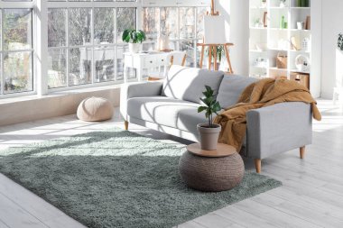 Gri kanepesi, çiçekleri, penceresi ve raf ünitesi olan aydınlık oturma odasının içi