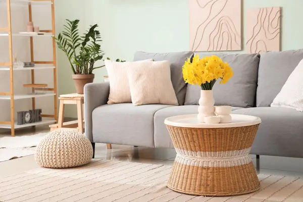 Gri kanepesi, kahve masası ve narsisli çiçekleri olan güzel bir oturma odası.