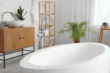 Küvetli modern banyo, çekmeceler, saksı ve lavabo.