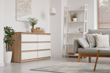 Ahşap çekmeceleri ve rahat kanepesi olan modern aydınlık oturma odasının içinde.