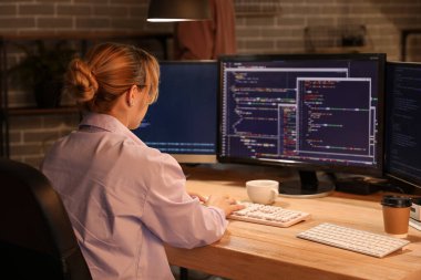 Gece ofiste bilgisayarla çalışan kadın programcı, arka plan görünümü