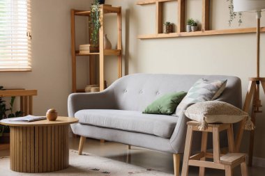 Güzel oturma odasının içinde rahat bir kanepe, raf ünitesi, sehpa ve yastık.