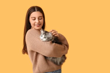 Turuncu arka planda uzun saçlı sevimli kedisi olan genç bir kadın.