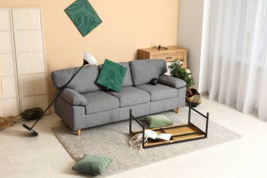 Depremden sonra kanepe ile yıkılmış oturma odasının içi.