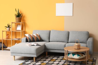 Rahat kanepesi, yastığı, raf ünitesi ve sehpası olan güzel bir oturma odası.